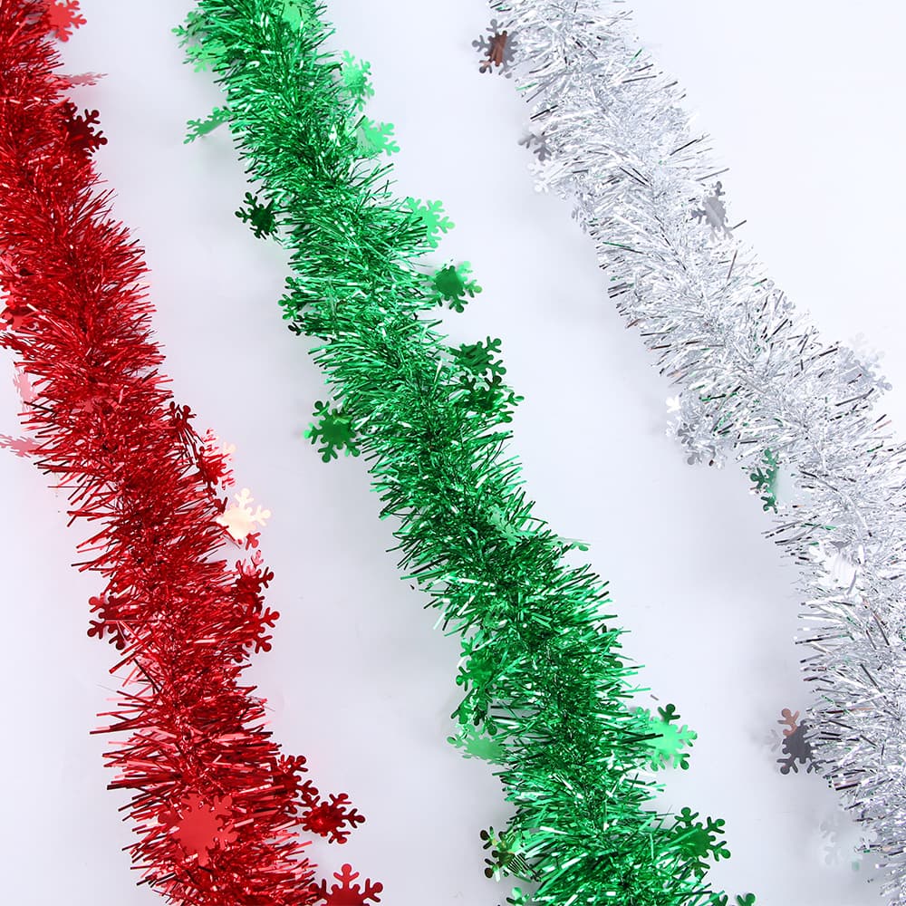 Christmas 2 m Red Green Silver Snowflake Tinsel Garland main image 1