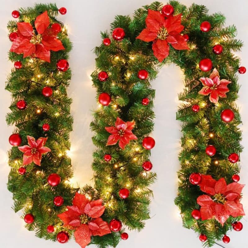 red with baubles, flowers and lights